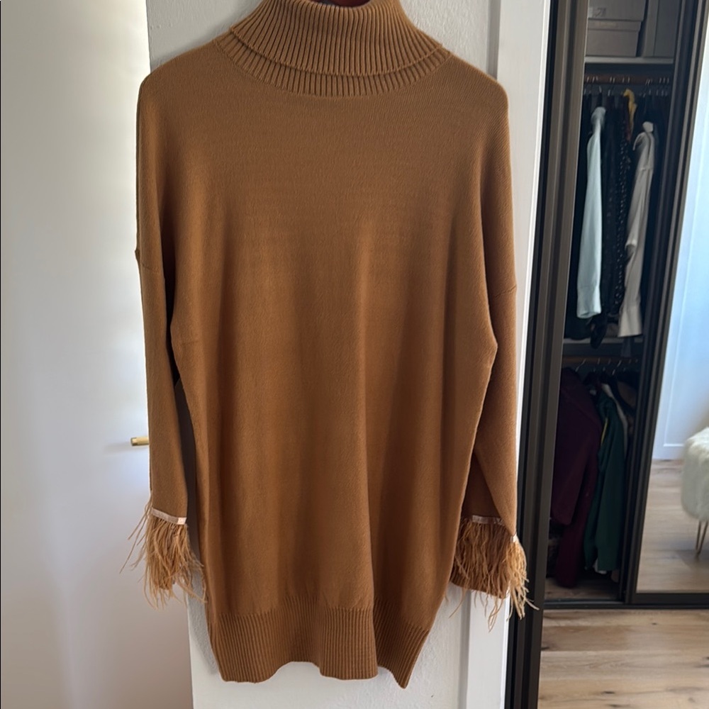Wayf Camel Turtleneck Sweater with Feather Accents